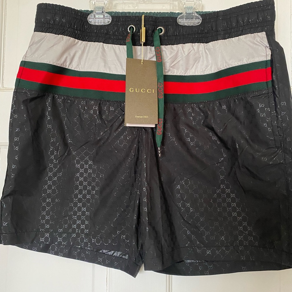 Gucci Black Swim Shorts with Red and Green Stripe
